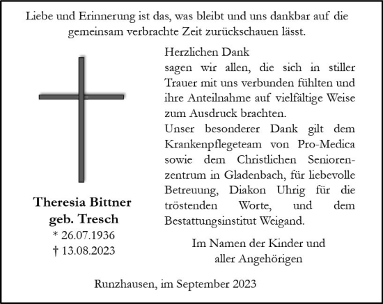 Traueranzeige von Theresia Bittner von Hinterländer Anzeiger