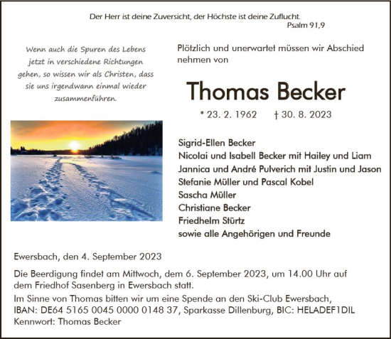 Traueranzeige von Thomas Becker von Hinterländer Anzeiger
