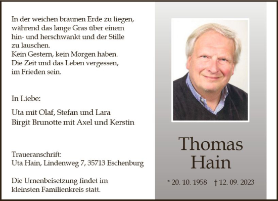 Traueranzeige von Thomas Hain von Dill Block