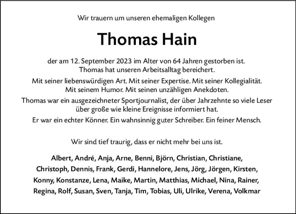  Traueranzeige für Thomas Hain vom 23.09.2023 aus Dill Block