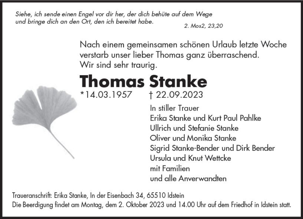  Traueranzeige für Thomas Stanke vom 27.09.2023 aus Idsteiner Land/Untertaunus