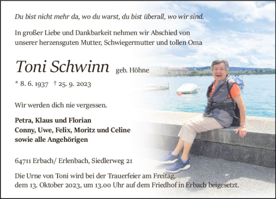 Traueranzeige von Toni Schwinn von Odenwälder Echo