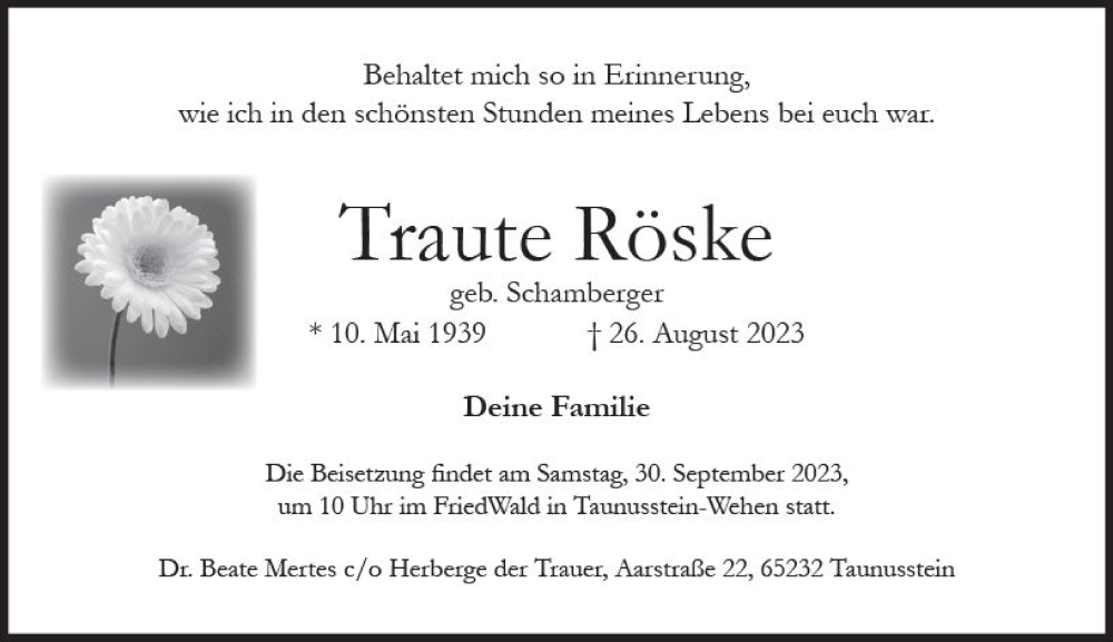  Traueranzeige für Traute Röske vom 23.09.2023 aus Wiesbadener Kurier