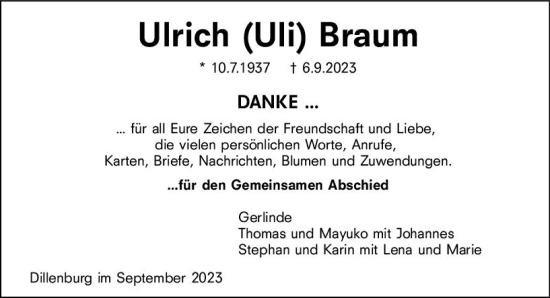 Traueranzeige von Ulrich Braum von Dill Block