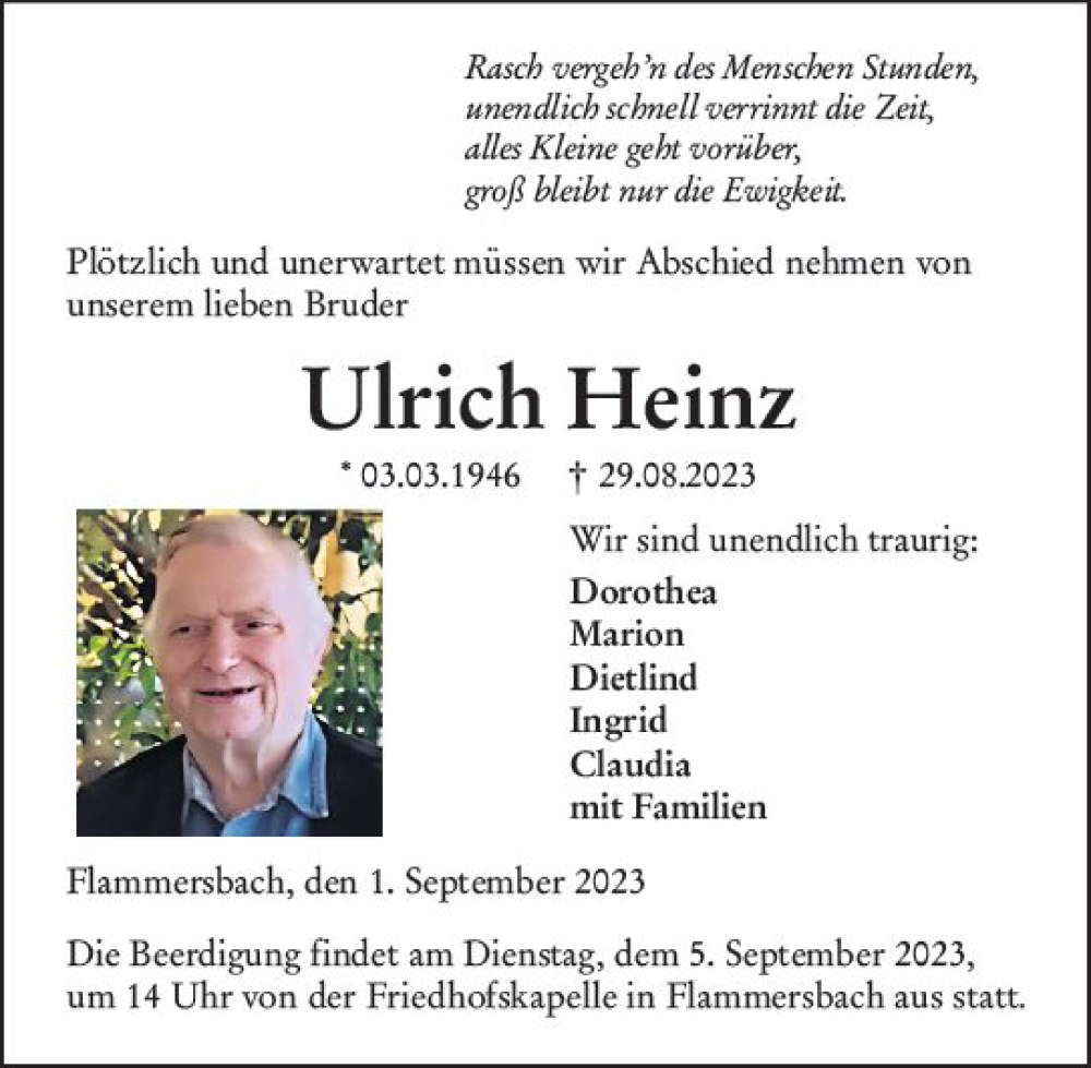  Traueranzeige für Ulrich Heinz vom 01.09.2023 aus Dill Block