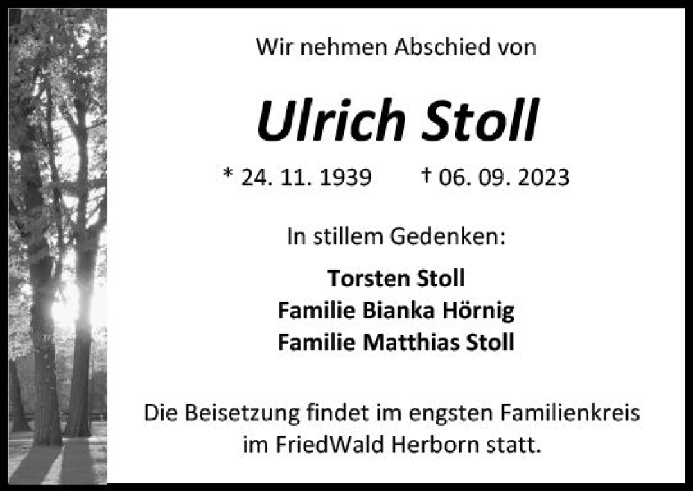  Traueranzeige für Ulrich Stoll vom 09.09.2023 aus Dill Block