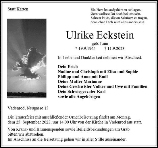 Traueranzeige von Ulrike Eckstein von VRM Trauer