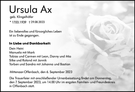 Traueranzeige von Ursula Ax von Dill Block