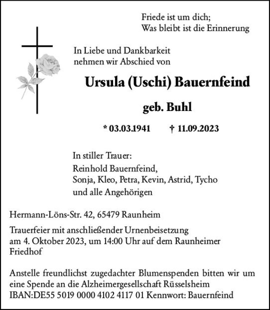  Traueranzeige für Ursula Bauernfeind vom 23.09.2023 aus Rüsselsheimer Echo