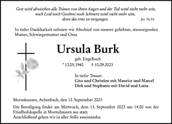 Traueranzeige von Ursula Burk von Hinterländer Anzeiger