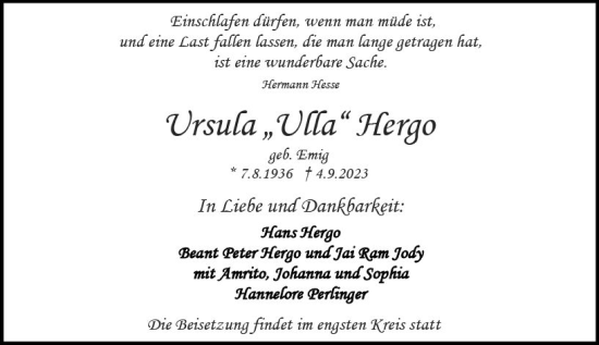 Traueranzeige von Ursula Hergo von Darmstädter Echo
