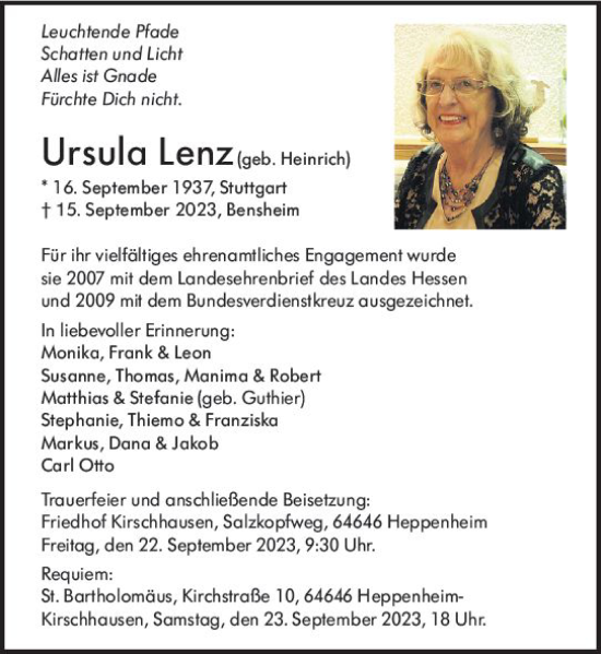 Traueranzeige von Ursula Lenz von Bergsträßer Anzeiger