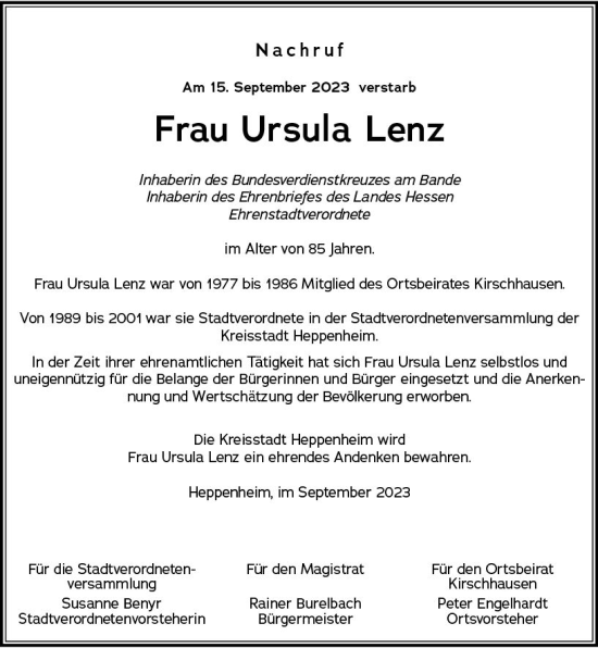 Traueranzeige von Ursula Lenz von Starkenburger Echo