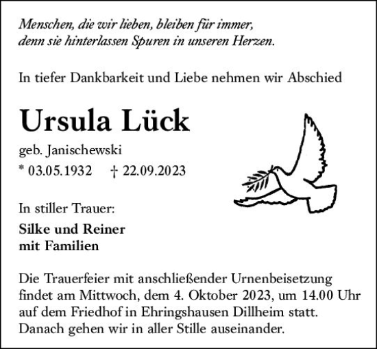 Traueranzeige von Ursula Lück von Wetzlarer Neue Zeitung