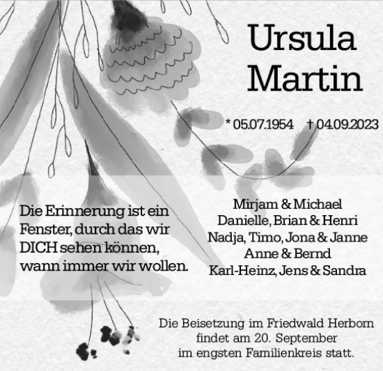 Traueranzeige von Ursula Martin von Wetzlarer Neue Zeitung