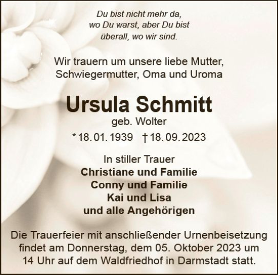 Traueranzeige von Ursula Schmitt von Darmstädter Echo