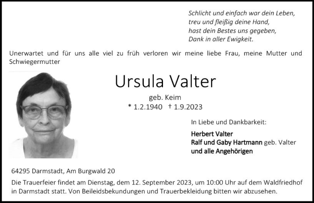  Traueranzeige für Ursula Valter vom 09.09.2023 aus Darmstädter Echo