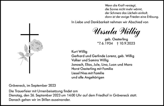Traueranzeige von Ursula Willig von Weilburger Tageblatt
