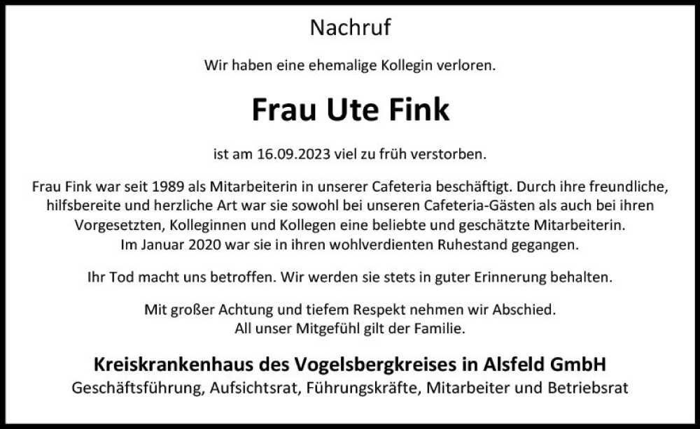  Traueranzeige für Ute Fink vom 30.09.2023 aus VRM Trauer