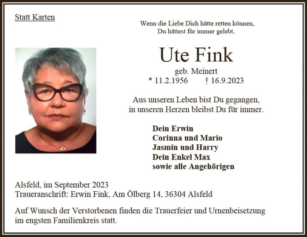  Traueranzeige für Ute Fink vom 23.09.2023 aus Oberhessen Kurier