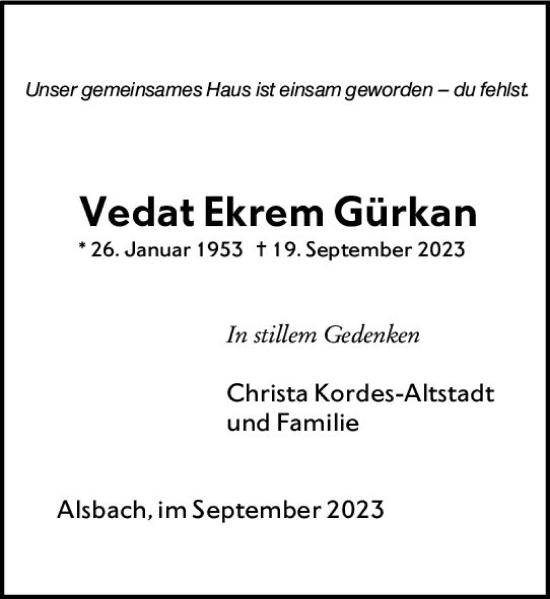 Traueranzeige von Vedat Ekrem Gürkan von Darmstädter Echo