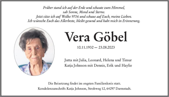 Traueranzeige von Vera Göbel von Darmstädter Echo