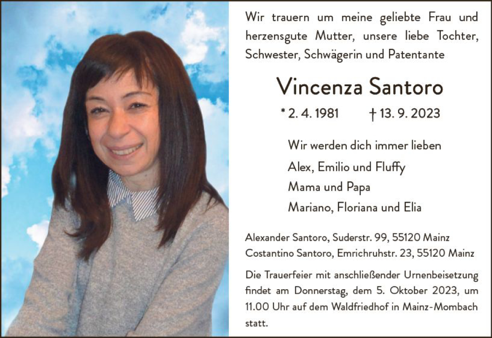  Traueranzeige für Vincenza Santoro vom 30.09.2023 aus Allgemeine Zeitung Mainz