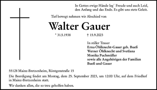 Traueranzeige von Walter Gauer von Allgemeine Zeitung Mainz