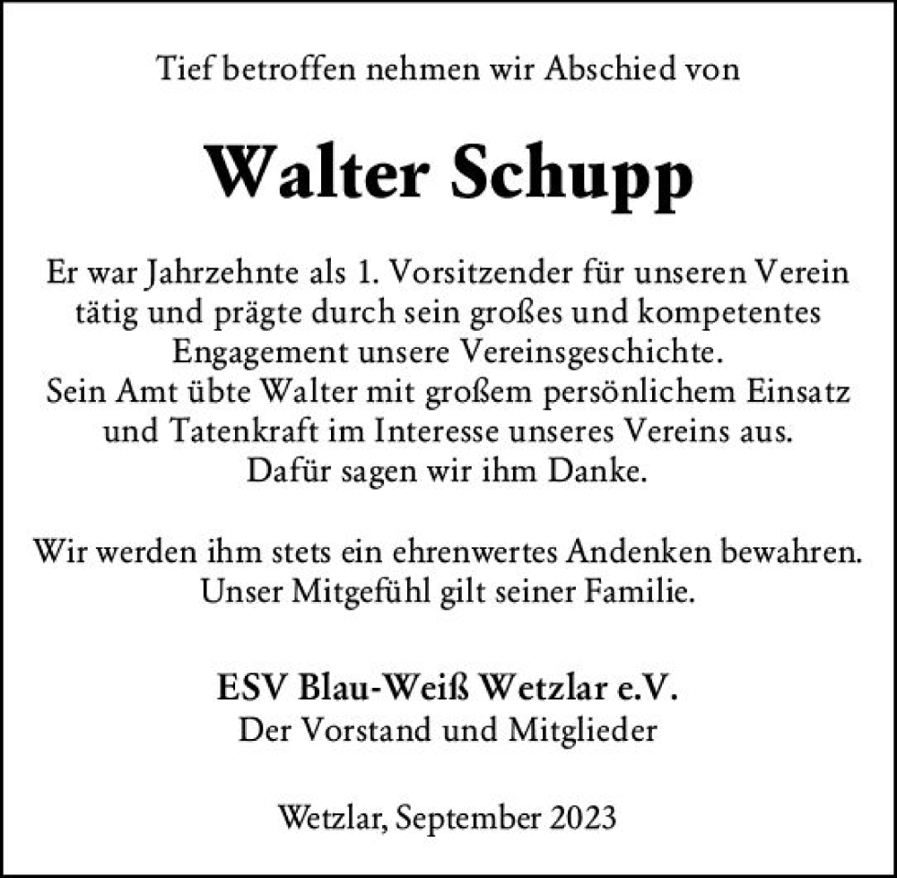  Traueranzeige für Walter Schupp vom 02.09.2023 aus Wetzlarer Neue Zeitung