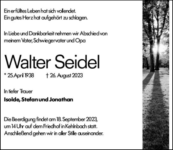Traueranzeige von Walter Seidel von Hinterländer Anzeiger