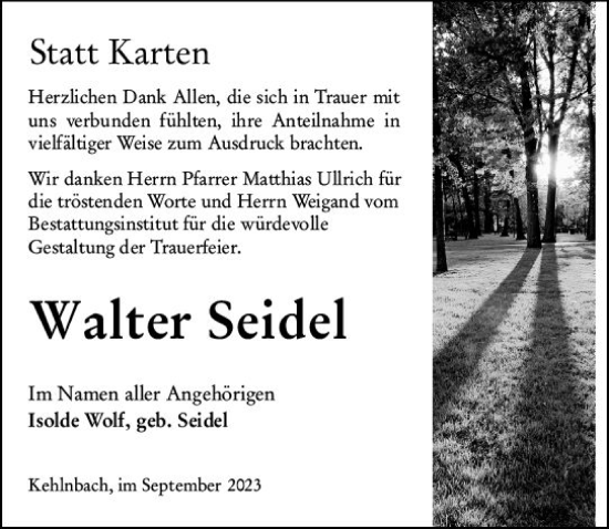 Traueranzeige von Walter Seidel von Hinterländer Anzeiger