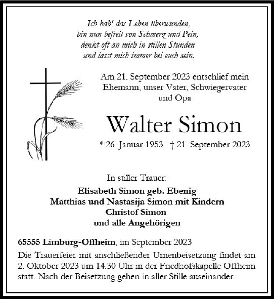  Traueranzeige für Walter Simon vom 30.09.2023 aus Nassauische Neue Presse