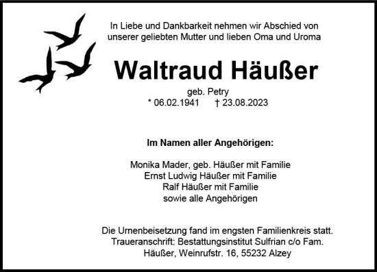 Traueranzeige von Waltraud Häußer von Allgemeine Zeitung Alzey