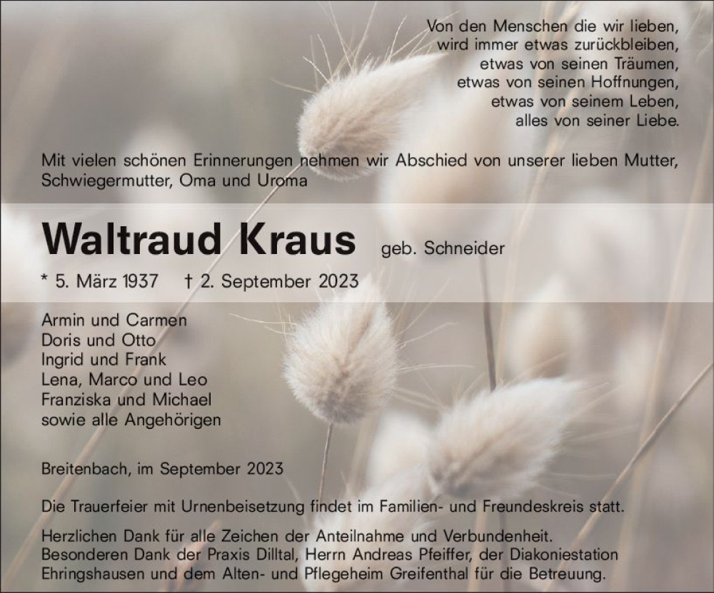  Traueranzeige für Waltraud Kraus vom 08.09.2023 aus Wetzlarer Neue Zeitung
