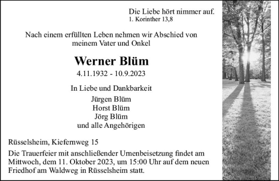 Traueranzeige von Werner Blilm von Rüsselsheimer Echo