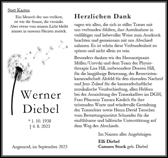 Traueranzeige von Werner Diebel von Oberhessen Kurier