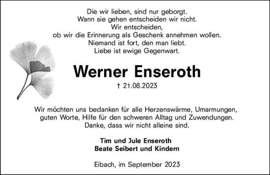 Traueranzeige von Werner Enseroth von Dill Block