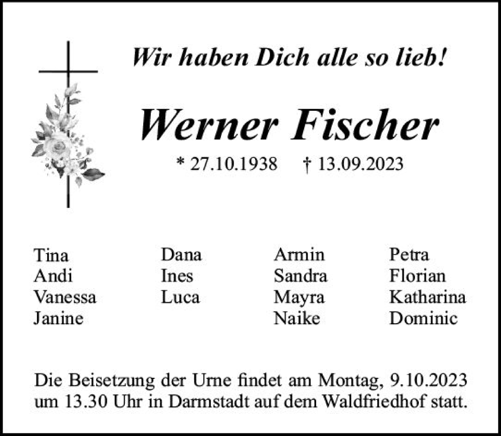  Traueranzeige für Werner Fischer vom 23.09.2023 aus Darmstädter Echo