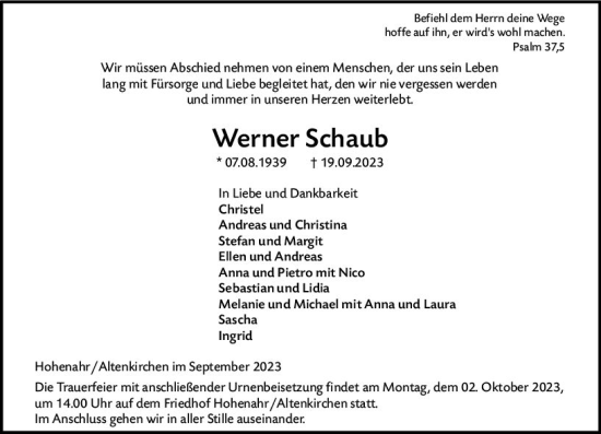 Traueranzeige von Werner Schaub von Dill Block