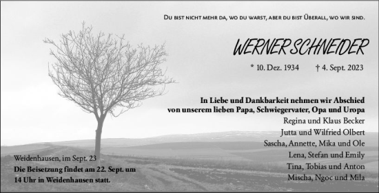 Traueranzeige von Werner Schneider von Hinterländer Anzeiger
