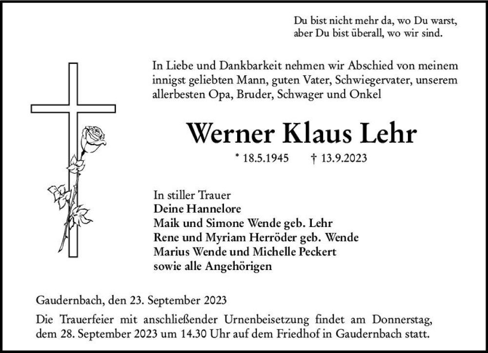  Traueranzeige für Werner Klaus Lehr vom 23.09.2023 aus Weilburger Tageblatt