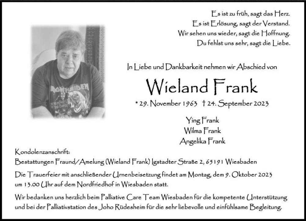  Traueranzeige für Wieland Frank vom 30.09.2023 aus Wiesbadener Kurier