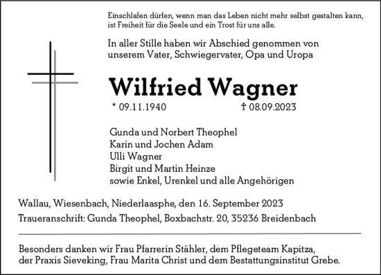 Traueranzeige von Wilfried Wagner von Hinterländer Anzeiger