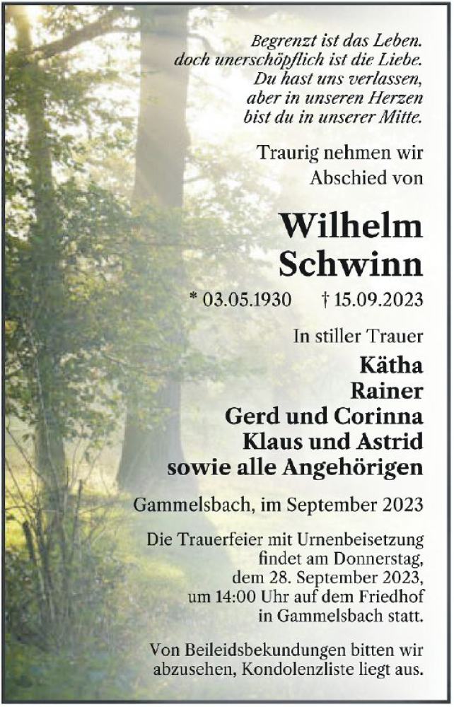  Traueranzeige für Wilhelm Schwinn vom 26.09.2023 aus Odenwälder Echo