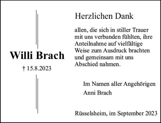 Traueranzeige von Willi Brach von Rüsselsheimer Echo
