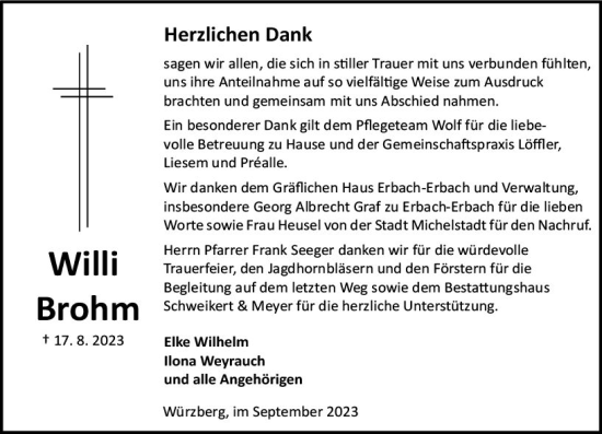 Traueranzeige von Willi Brohm von Odenwälder Echo