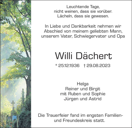Traueranzeige von Willi Dächert von Darmstädter Echo