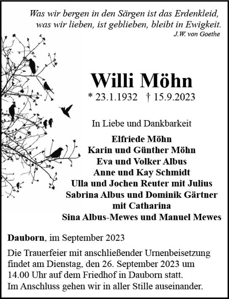  Traueranzeige für Willi Möhn vom 23.09.2023 aus Nassauische Neue Presse