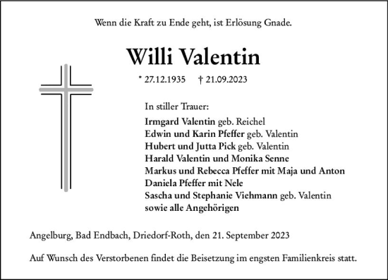 Traueranzeige von Willi Valentin von Hinterländer Anzeiger