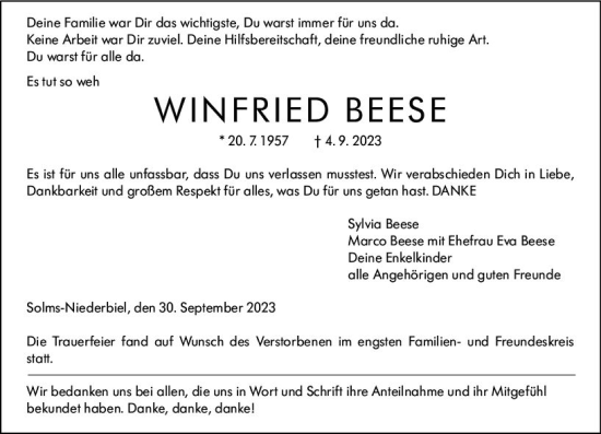 Traueranzeige von Winfried Beese von Wetzlarer Neue Zeitung